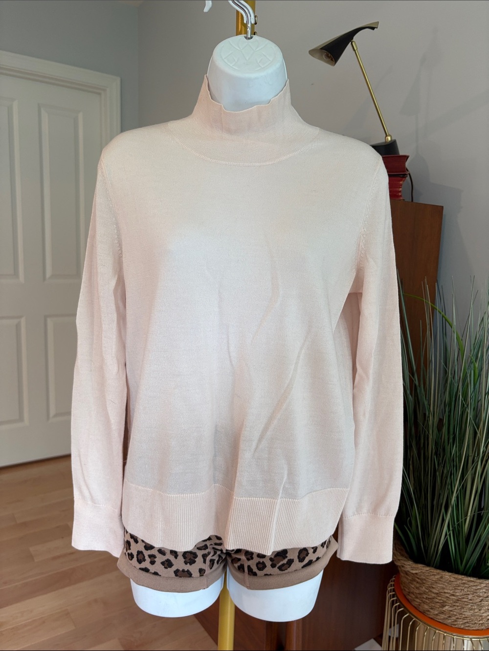 Women's Light Peachy Pink Mock Neck Merino Wool Sweater